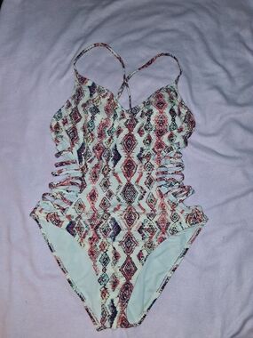 Xhilaration White One-Piece Swimsuit with Pink and Blue Geometric Print